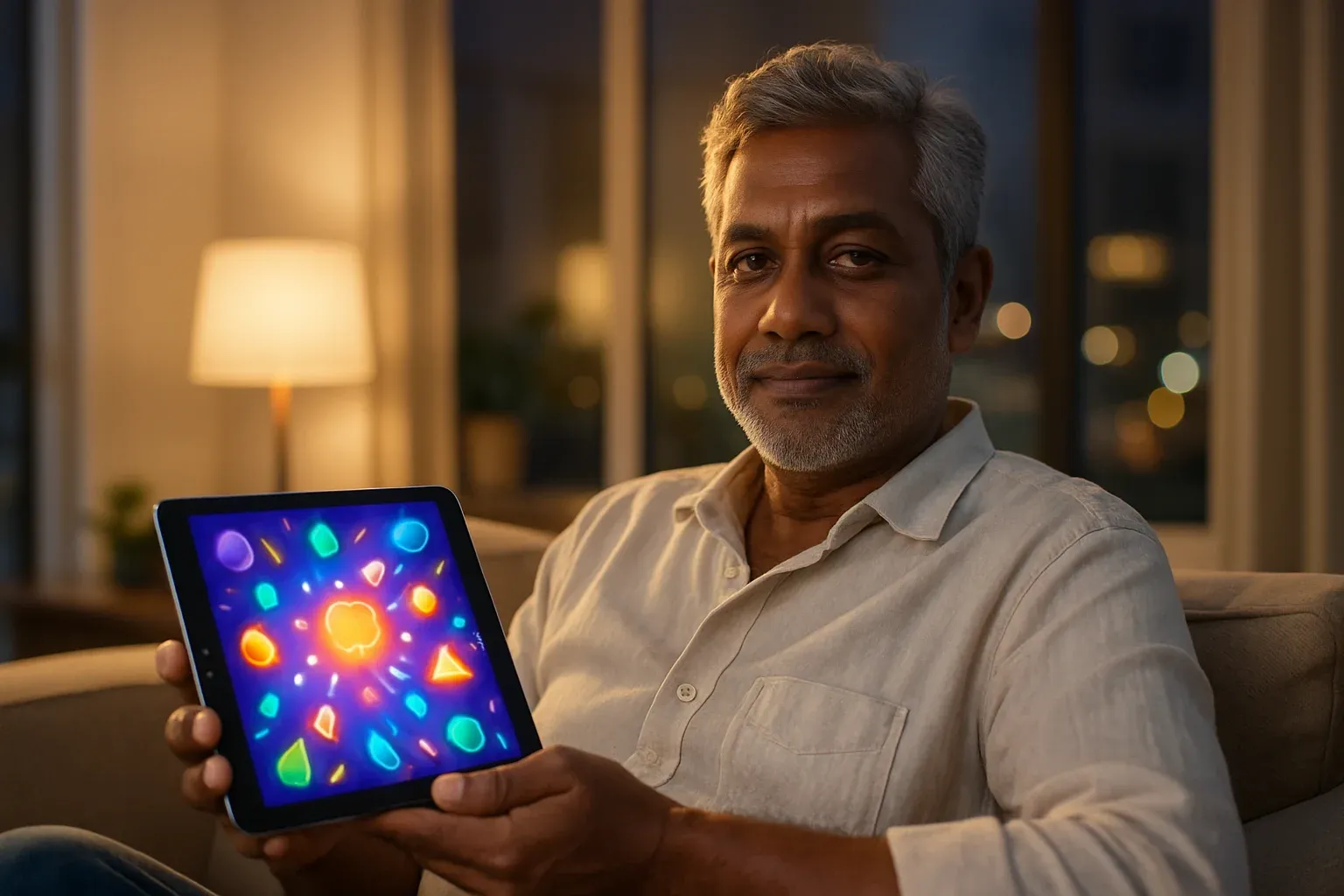 Older Bangladeshi man on sofa holding tablet with colorful gaming app UI
