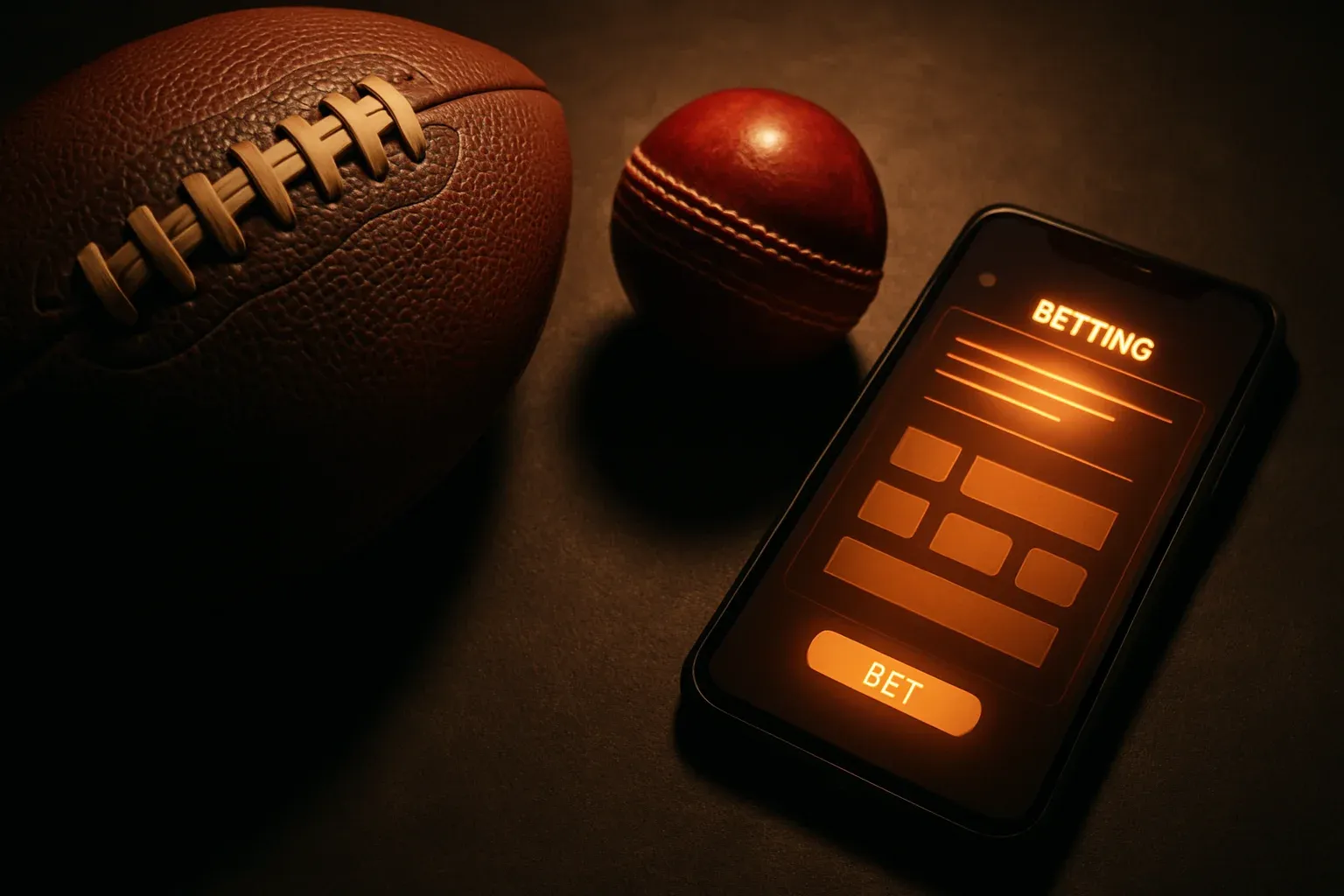 Football and cricket ball beside smartphone showing glowing betting interface