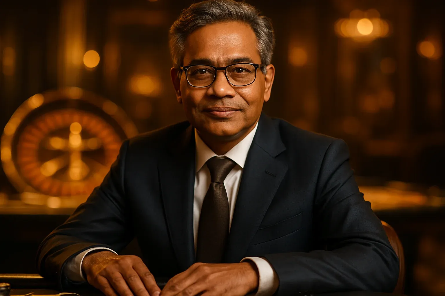 Distinguished Bangladeshi man in suit seated at luxurious live casino table