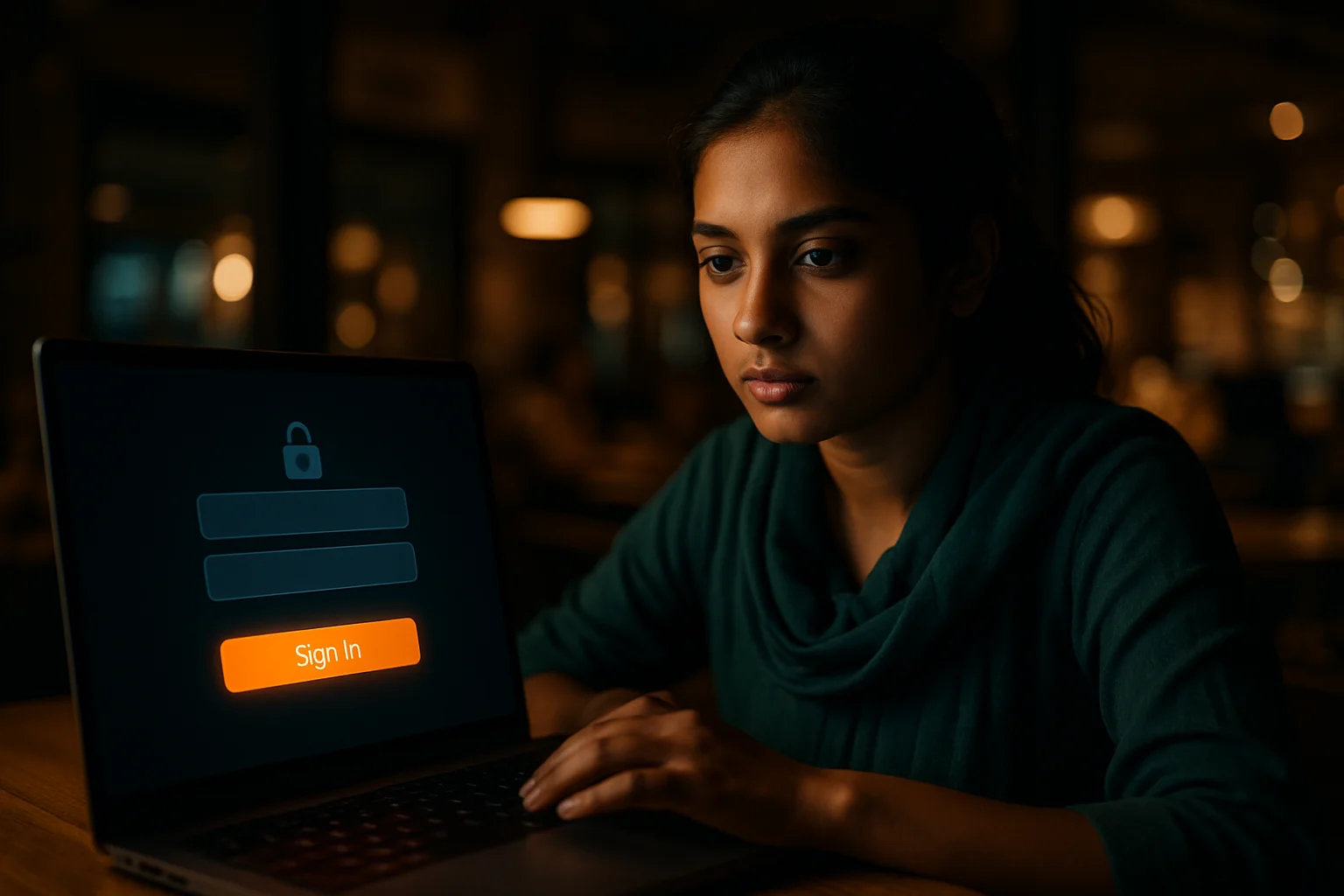 Young Bangladeshi student at cafe with laptop showing stylized login form