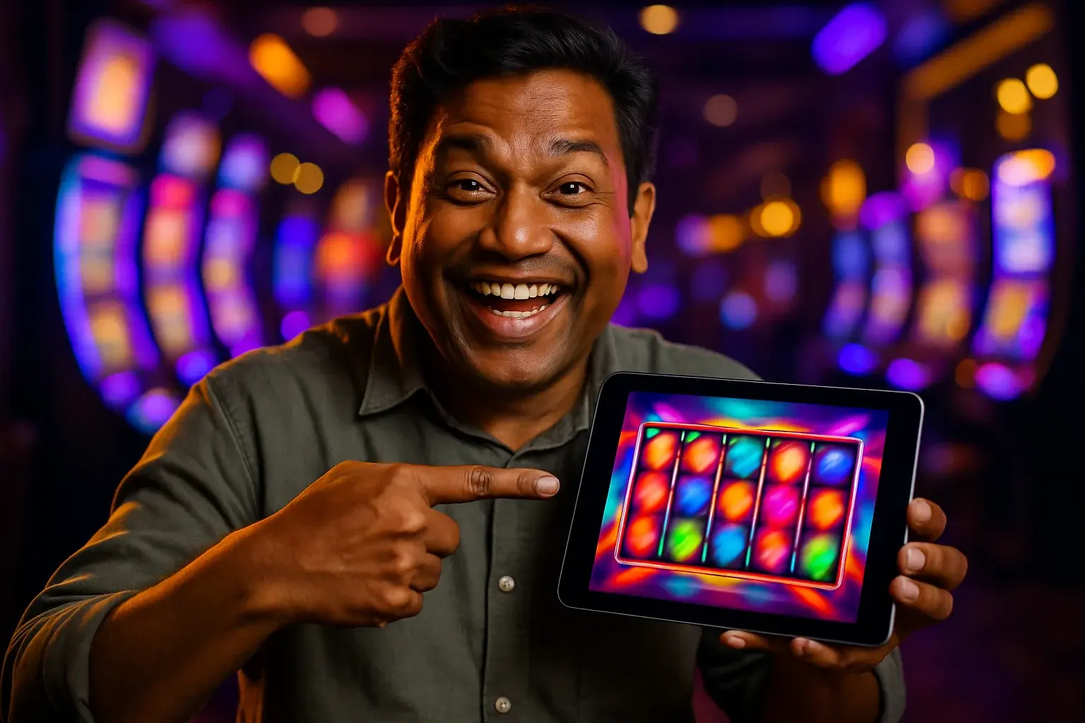 Enthusiastic Bangladeshi man pointing at tablet showing colorful slot reels